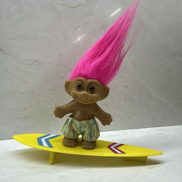 Russ Troll Doll 7 inch Surfboard Surfer 3" Troll Pink hair, swim trunks board - Picture 3 of 7